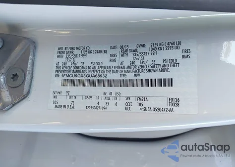 2016 Ford Escape Se z USA, uszkodzony, nr VIN 1FMCU9GX3GUA68932